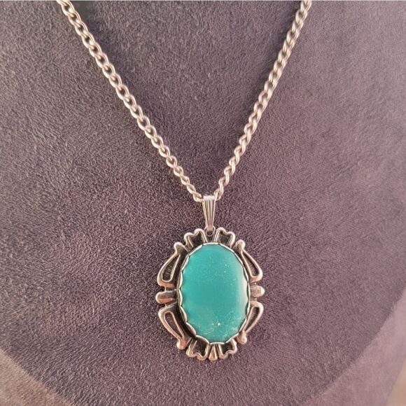 Vintage Sterling Green Blue Chalcedony Art Deco Bezel Pendant - Picture 2 of 8